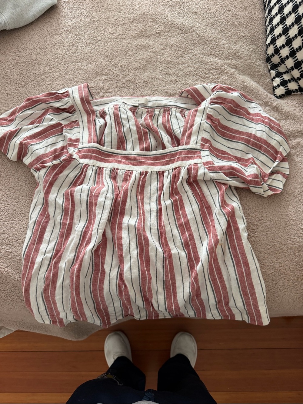 LOFT Red and White Striped Square-Neck Puff Sleeve Top